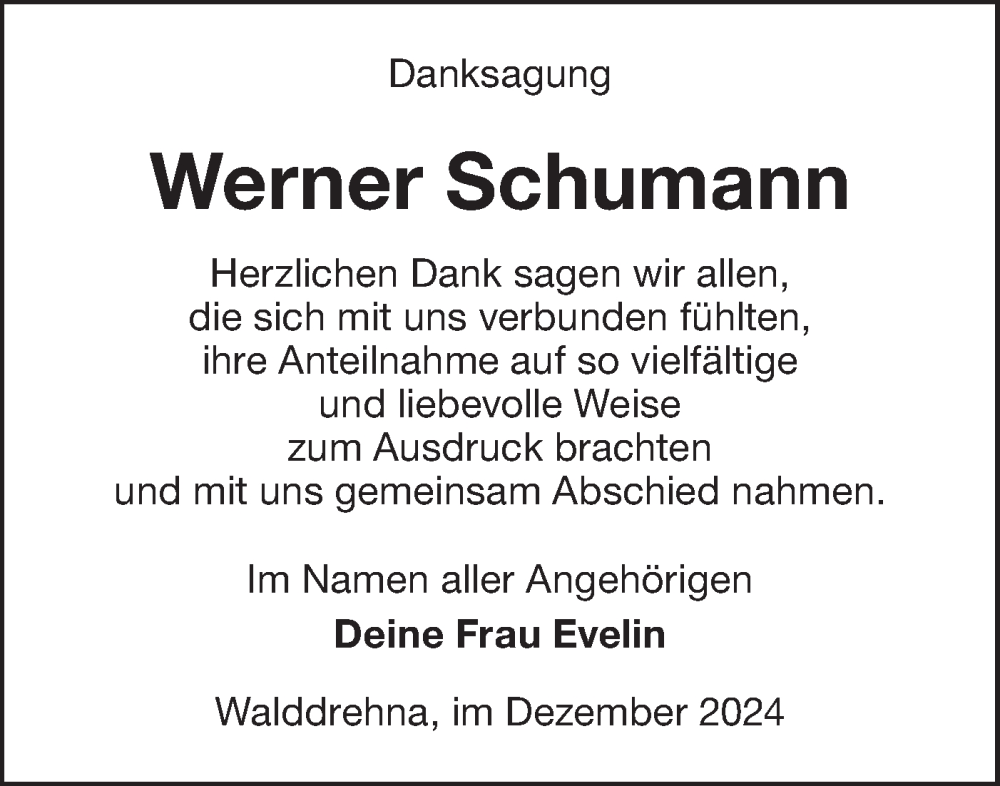  Traueranzeige für Werner Schumann vom 14.12.2024 aus Lausitzer Rundschau