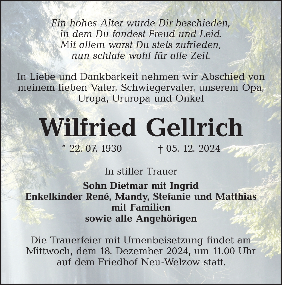  Traueranzeige für Wilfried Gellrich vom 14.12.2024 aus Lausitzer Rundschau