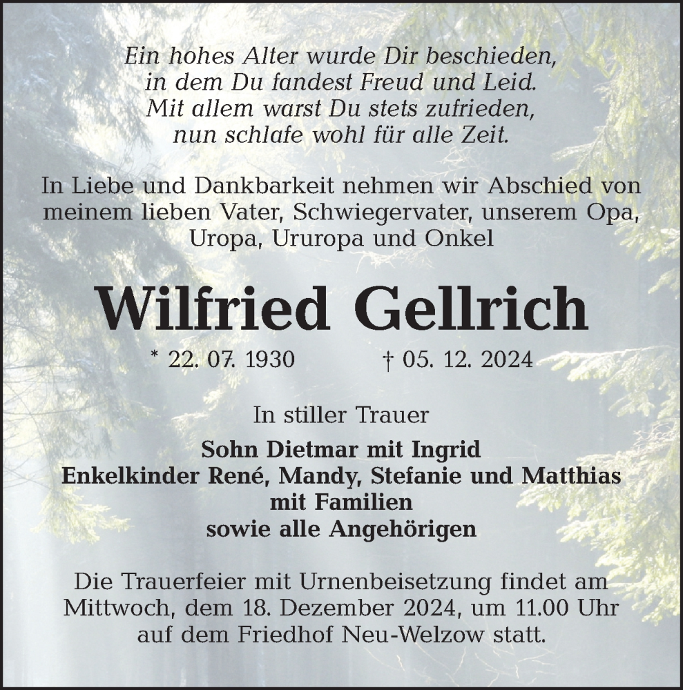  Traueranzeige für Wilfried Gellrich vom 14.12.2024 aus Lausitzer Rundschau