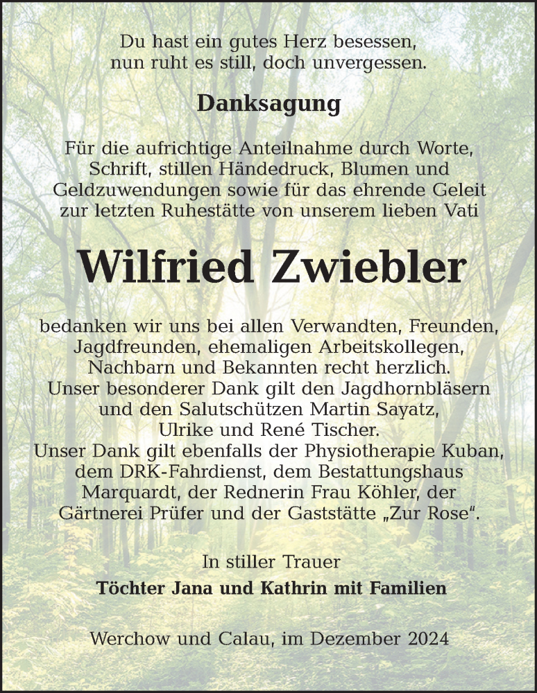  Traueranzeige für Wilfried Zwiebler vom 14.12.2024 aus Lausitzer Rundschau