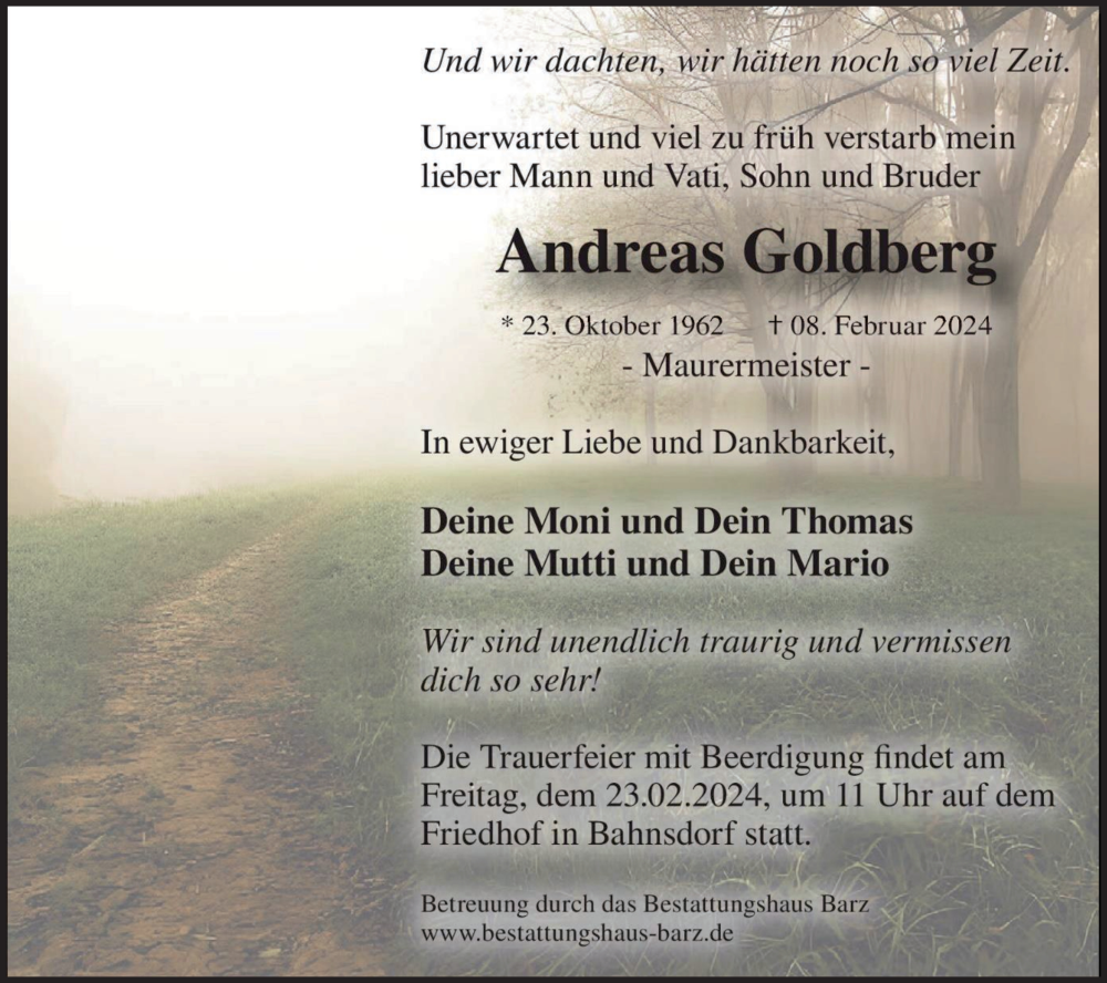  Traueranzeige für Andreas Goldberg vom 15.02.2024 aus Lausitzer Rundschau