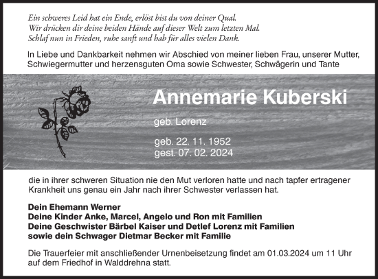 Traueranzeige von Annemarie Kuberski von Lausitzer Rundschau