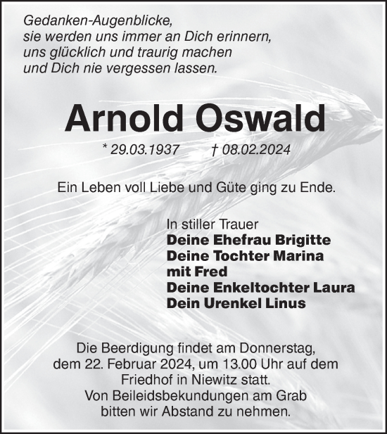 Traueranzeige von Arnold Oswald von Lausitzer Rundschau