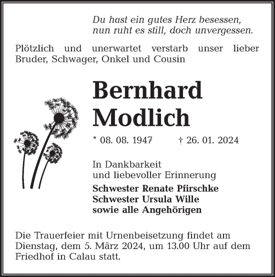 Traueranzeige von Berngard Modlich von Lausitzer Rundschau