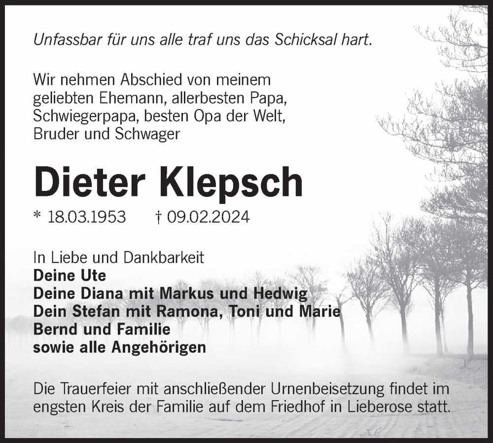  Traueranzeige für Dieter Klepsch vom 24.02.2024 aus Lausitzer Rundschau