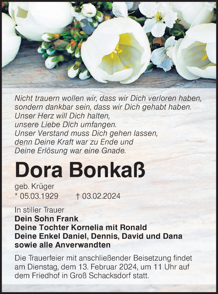  Traueranzeige für Dora Bonkaß vom 10.02.2024 aus Lausitzer Rundschau