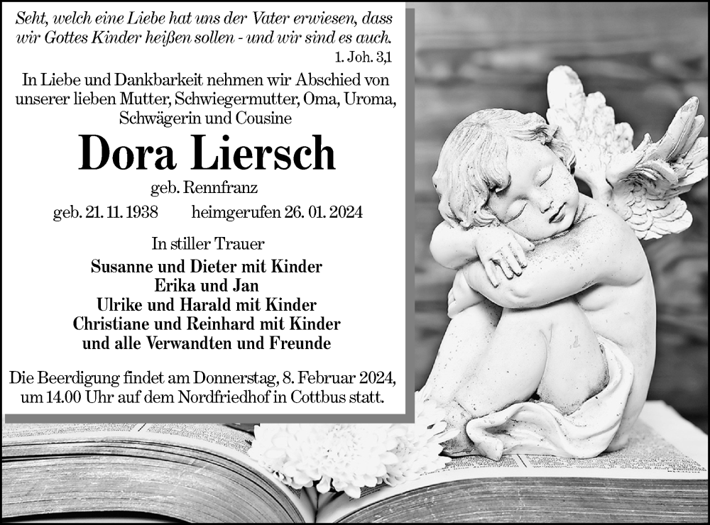  Traueranzeige für Dora Liersch vom 03.02.2024 aus Lausitzer Rundschau