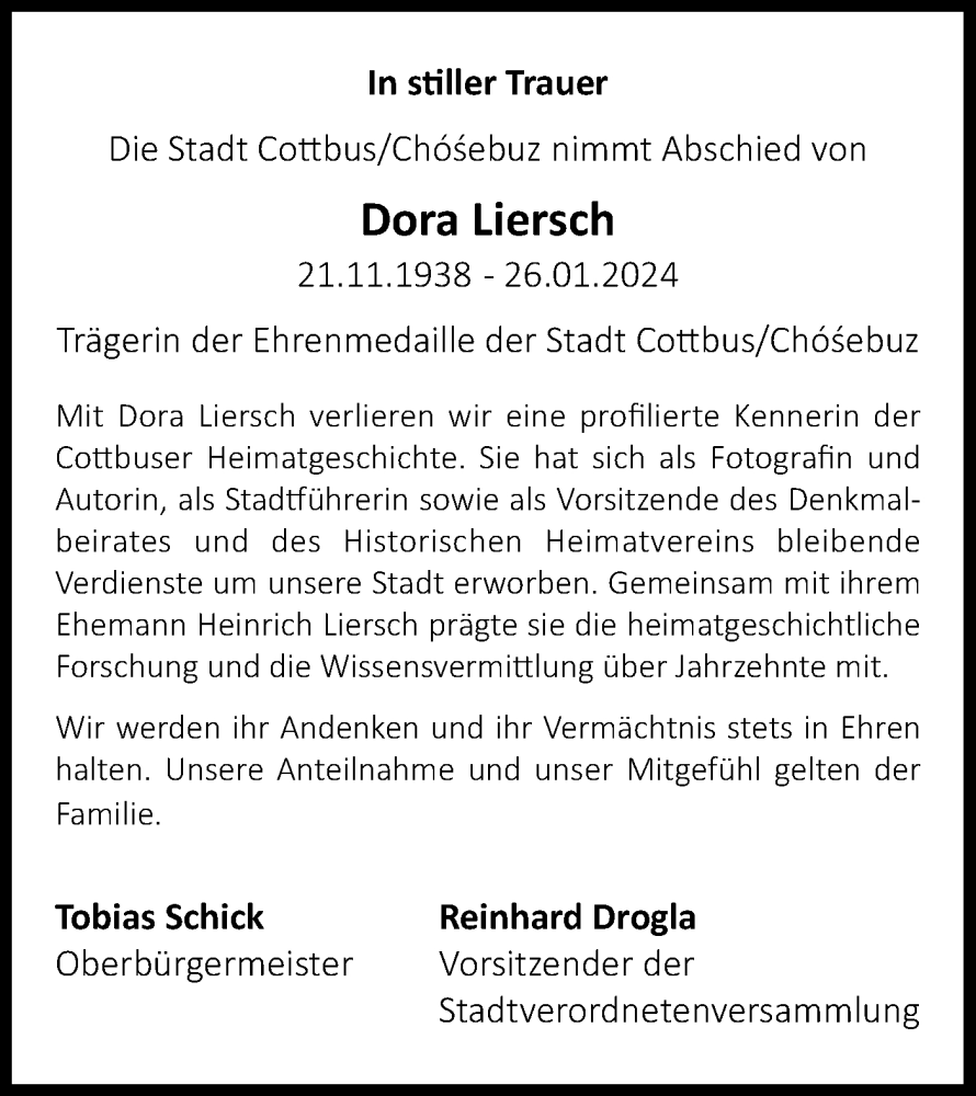  Traueranzeige für Dora Liersch vom 03.02.2024 aus Lausitzer Rundschau