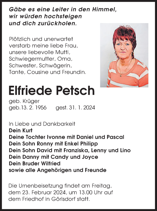 Traueranzeige von Elfriede Petsch von Lausitzer Rundschau