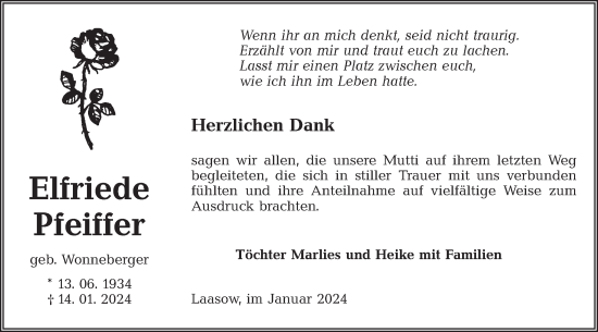 Traueranzeige von Elfriede Pfeiffer von Lausitzer Rundschau