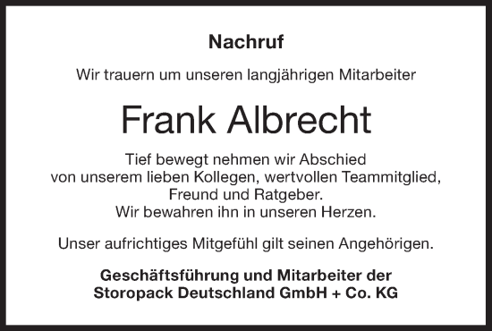 Traueranzeige von Frank Albrecht von Lausitzer Rundschau