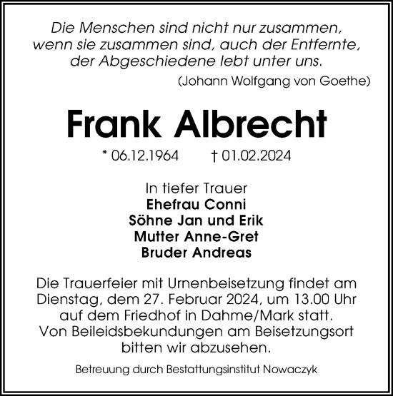 Traueranzeige von Frank Albrecht von Lausitzer Rundschau