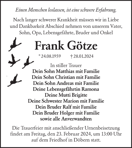 Traueranzeige von Frank Götze von Lausitzer Rundschau