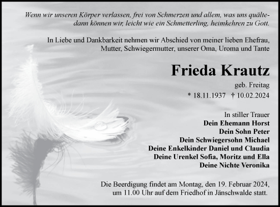 Traueranzeige von Frieda Krautz von Lausitzer Rundschau