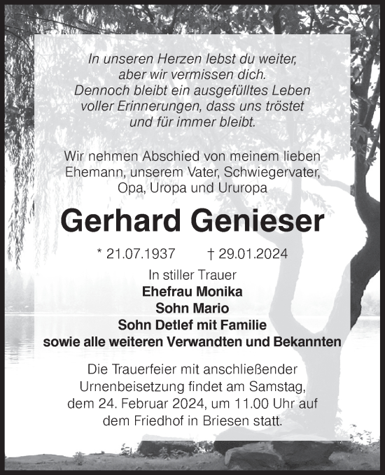 Traueranzeige von Gerhard Genieser von Lausitzer Rundschau