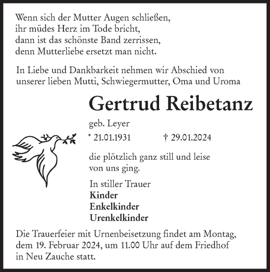 Traueranzeige von Gertrud Reibetanz von Lausitzer Rundschau
