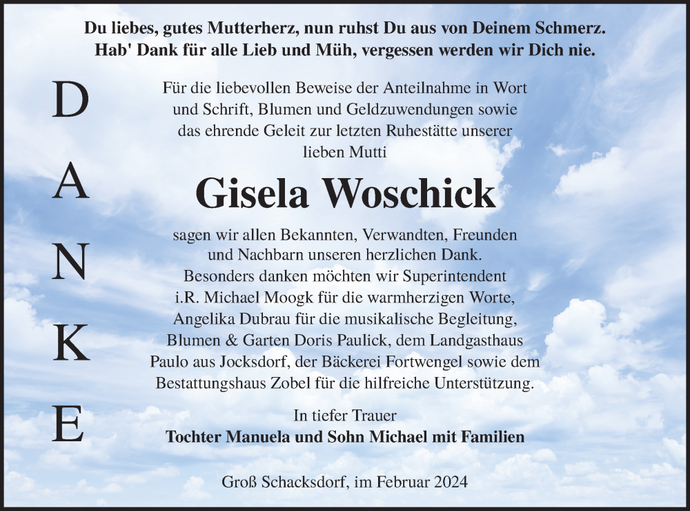  Traueranzeige für Gisela Woschick vom 17.02.2024 aus Lausitzer Rundschau
