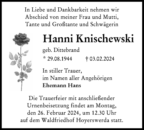 Traueranzeige von Hanni Knischewski von Lausitzer Rundschau