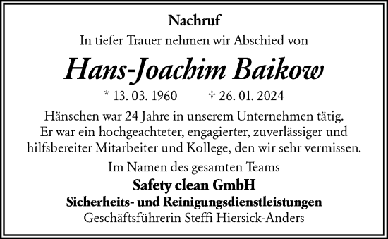 Traueranzeige von Hans-Joachim Baikow von Lausitzer Rundschau