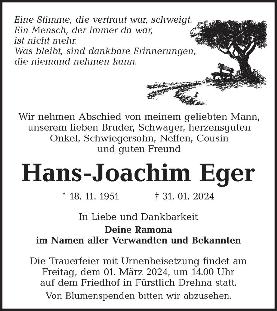  Traueranzeige für Hans-Joachim Eger vom 10.02.2024 aus Lausitzer Rundschau