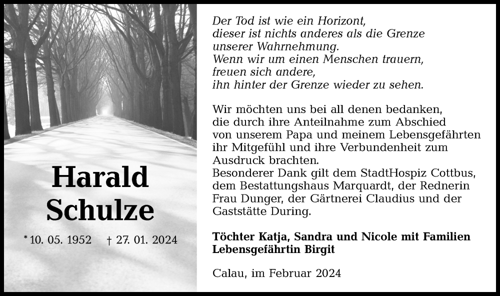  Traueranzeige für Harald Schulze vom 17.02.2024 aus Lausitzer Rundschau