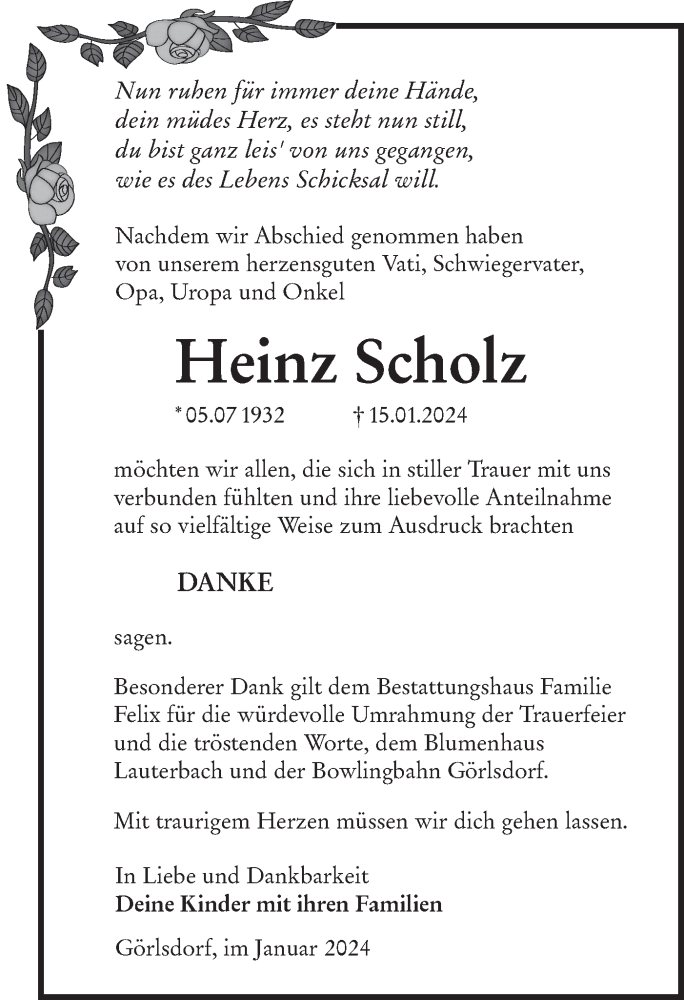  Traueranzeige für Heinz Scholz vom 03.02.2024 aus Lausitzer Rundschau