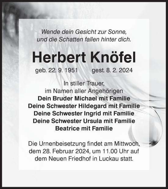 Traueranzeige von Herbert Knöfel von Lausitzer Rundschau