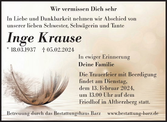 Traueranzeige von Inge Krause von Lausitzer Rundschau