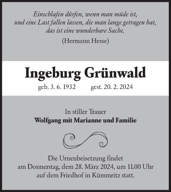 Traueranzeige von Ingeburg Grünwald von Lausitzer Rundschau