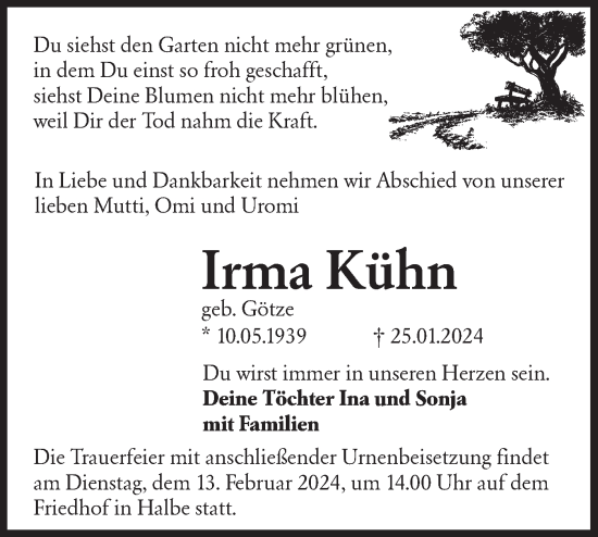 Traueranzeige von Irma Kühn von Lausitzer Rundschau