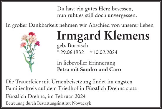 Traueranzeige von Irmgard Klemens von Lausitzer Rundschau