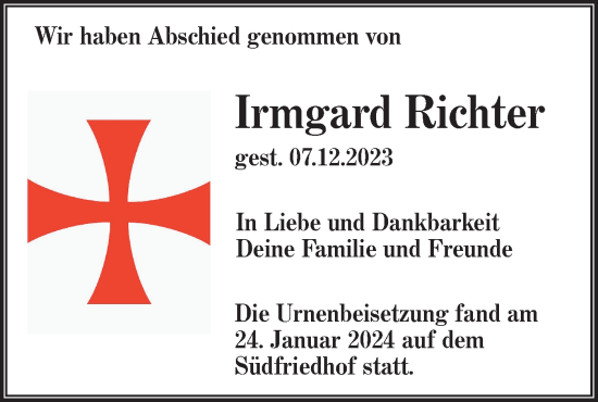 Traueranzeige von Irmgard Richter von Lausitzer Rundschau