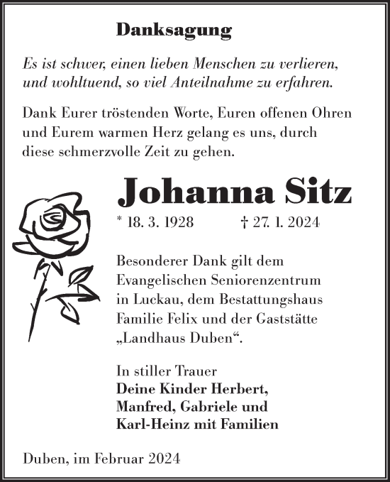 Traueranzeige von Johanna Sitz von Lausitzer Rundschau