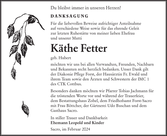 Traueranzeige von Käthe Fetter von Lausitzer Rundschau