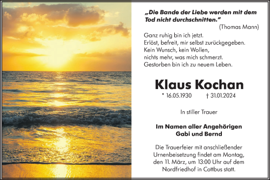 Traueranzeige von Klaus Kochan von Lausitzer Rundschau