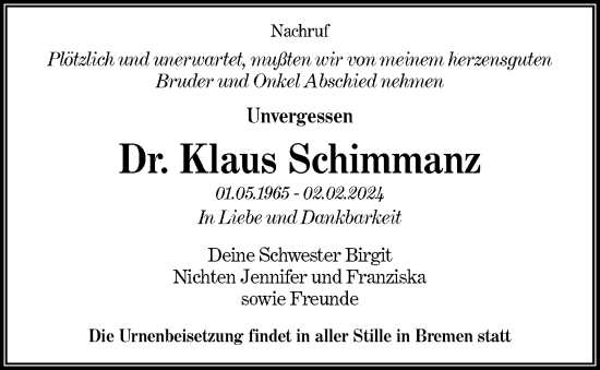 Traueranzeige von Klaus Schimmanz von Lausitzer Rundschau
