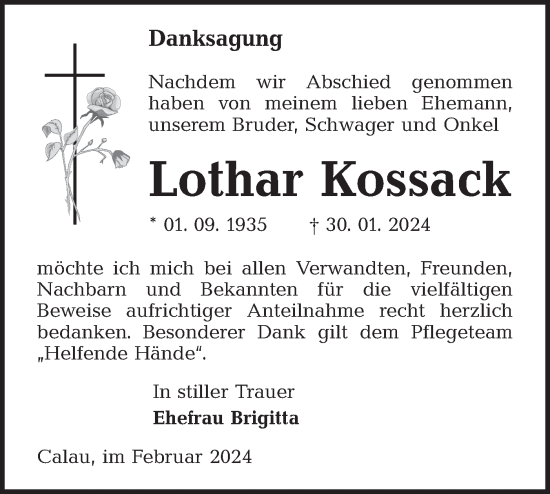 Traueranzeige von Lothar Kossack von Lausitzer Rundschau