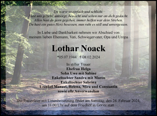 Traueranzeige von Lothar Noack von Lausitzer Rundschau