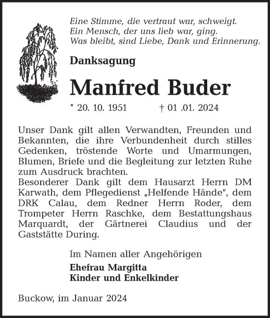 Traueranzeige von Manfred Buder von Lausitzer Rundschau