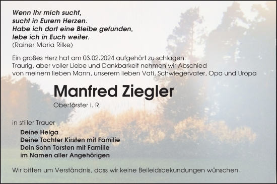 Traueranzeige von Manfred Ziegler von Lausitzer Rundschau
