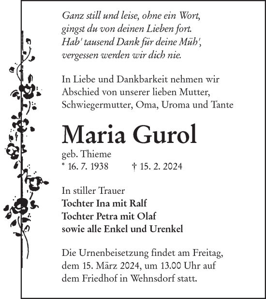Traueranzeige von Maria Gurol von Lausitzer Rundschau