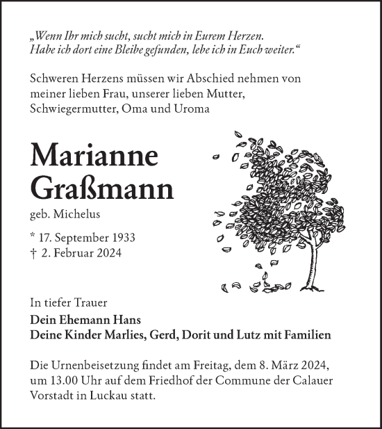 Traueranzeige von Marianne Graßmann von Lausitzer Rundschau