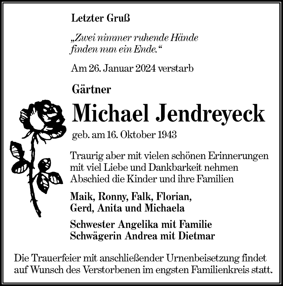  Traueranzeige für Michael Jendreyeck vom 03.02.2024 aus Lausitzer Rundschau