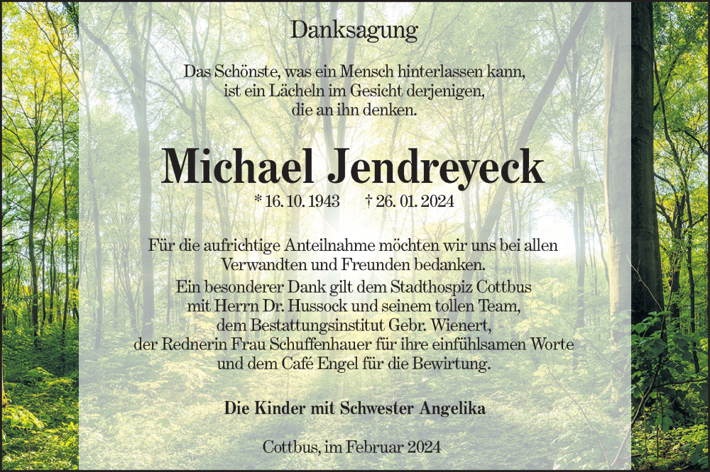  Traueranzeige für Michael Jendreyeck vom 17.02.2024 aus Lausitzer Rundschau