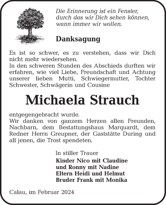 Traueranzeige von Michaela Strauch von Lausitzer Rundschau