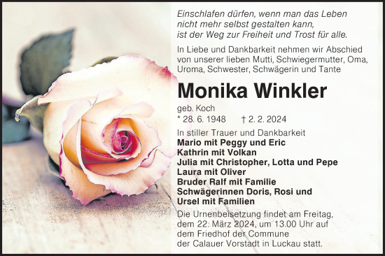 Traueranzeige von Monika Winkler von Lausitzer Rundschau
