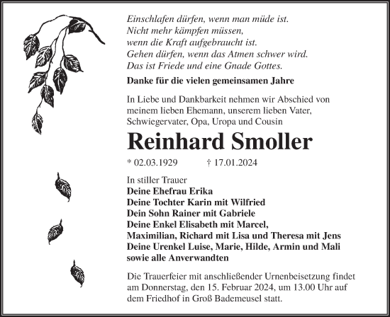 Traueranzeige von Reinhard Smoller von Lausitzer Rundschau