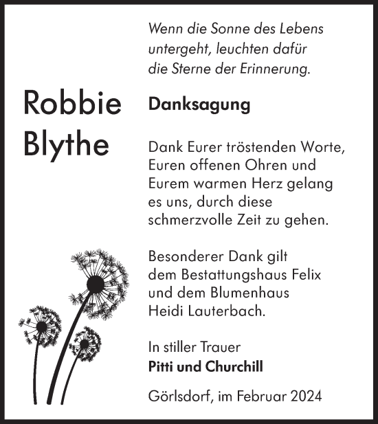 Traueranzeige von Robbie Blythe von Lausitzer Rundschau