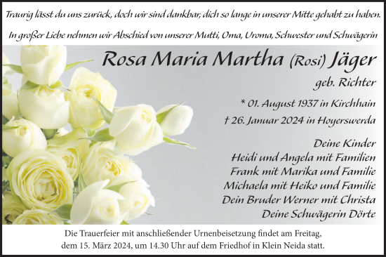 Traueranzeige von Rosa  Jäger von Lausitzer Rundschau
