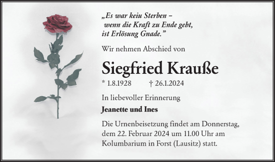 Traueranzeige von Siegfried Krauße von Lausitzer Rundschau